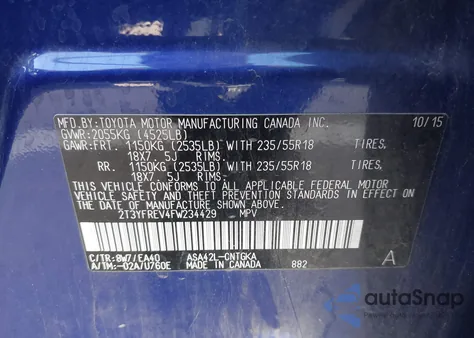 2015 Toyota Rav4 Limited from USA, damaged, VIN 2T3YFREV4FW234429